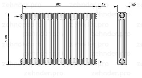 Схема (чертеж) Радиатор Zehnder Charleston 3100/17 №1670 Белый глянцевый RAL 9016